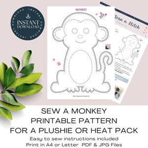 Monkey Printable Pattern. Sew A Monkey Plushie / Heat Pack / Cuddly, Easy Sewing Project