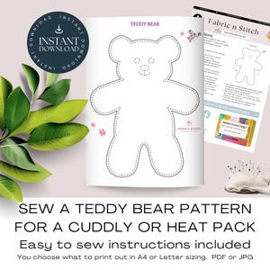Modello di cucito stampabile per orsetto. Cuci un semplice orsetto di peluche / impacco termico / progetto di cucito facile e coccoloso