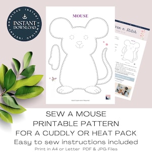 Mouse Printable Pattern. Sew A Mouse Plushie / Heat Pack / Cuddly, Easy Sewing Project