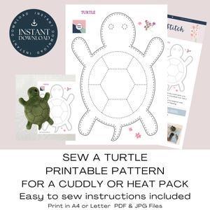 Puede incluir: Un patrón de costura imprimible para un juguete o paquete térmico con forma de tortuga. La imagen muestra un peluche de tortuga verde terminado, un contorno del patrón e instrucciones. El texto dice "Sew a Turtle Printable Pattern".