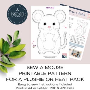 May include: A digital sewing pattern for a mouse plushie or heat pack, featuring a white outline drawing of a mouse with black eyes and a pink nose. The document includes the text MOUSE, instructions, and the URL patternstitchnz.etsy.com.