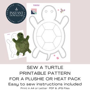 Turtle Printable Pattern. Sew A Turtle Plushie / Heat Pack / Cuddly, Easy Sewing Project