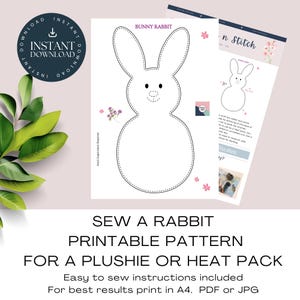 Puede incluir: Un patrón de costura imprimible para un peluche o cojín térmico de conejo. El documento presenta un gran contorno negro punteado de una silueta de conejo, el texto BUNNY RABBIT e ilustraciones florales. Incluye instrucciones para imprimir en A4.