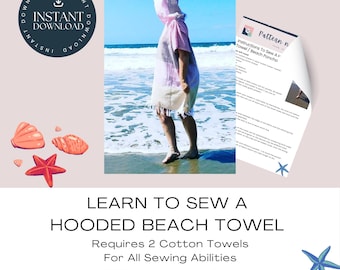 Aprende a coser una toalla con capucha/poncho de playa. Instrucciones en PDF solamente. Proyecto de costura fácil para todos los niveles.