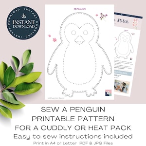 Penguin Printable Pattern. Sew A Penguin Plushie / Heat Pack / Cuddly, Easy Sewing Project