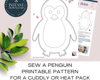 Patrón imprimible de pingüino. Cose un pingüino de peluche/paquete térmico/proyecto de costura fácil y tierno.