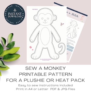 May include: A printable sewing pattern for a monkey plushie or heat pack, featuring a black and white line drawing of a monkey with a dashed stitch line outline. The document includes the text MONKEY, instructions, and small floral accents.