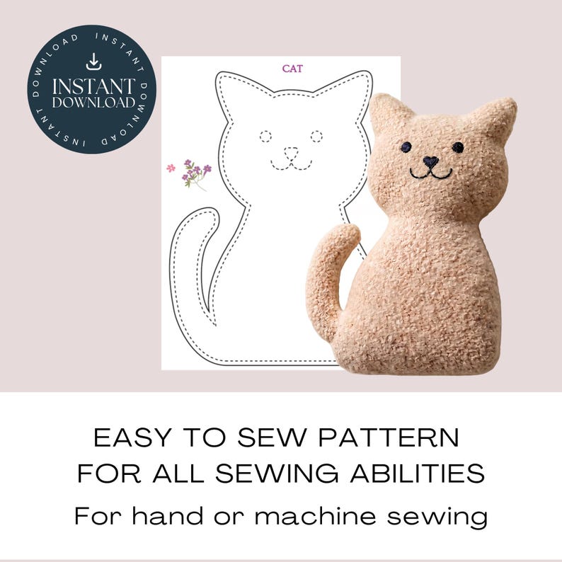 May include: A beige, textured, plush cat-shaped stuffed toy with black embroidered eyes and nose, displayed next to a white paper template featuring a dashed-line cat outline, the word CAT, and a small floral graphic, with an instant download icon.