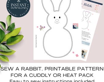 Patrón imprimible de conejo. Cose un conejo de peluche sencillo o compresa térmica. Proyecto de costura fácil y tierno.