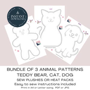 Peut inclure: Un ensemble numérique de trois patrons de couture d'animaux représentant un ours en peluche, un chat et un chien. Chaque page blanche présente un contour en pointillés noirs de l'animal, des motifs floraux et le texte "Adult supervision required."