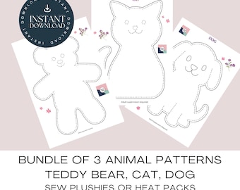 3 Animal Patterns: Teddy Bear, Cat, Dog Printable Sewing Patterns  Sew A Simple Plushie Or Heat Pack.  Instant Download