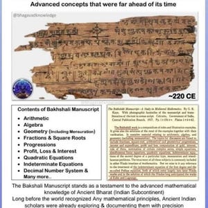 Può includere: Un frammento del manoscritto di Bakhshali, un antico testo sanscrito sulla matematica risalente al 220 d.C. circa. Il manoscritto è scritto in una scrittura corsiva su corteccia di betulla e contiene una varietà di concetti matematici, tra cui aritmetica, algebra, geometria e frazioni.