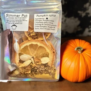 Może przedstawiać: Przezroczysta torba z etykietą "Simmer Pot" i "Pumpkin Spice" zawierająca suszone pomarańcze, pestki dyni i przyprawy. Po prawej stronie znajduje się cała pomarańczowa dynia. Etykieta torby zawiera składniki i instrukcje.
