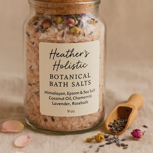 Bath Salts Botanical  100 percent Natural  9 oz Himalayan, Epsom & Sea Salt Blend, Magnesium Lavender, Chamomile,Rosebuds, Coconut Oil