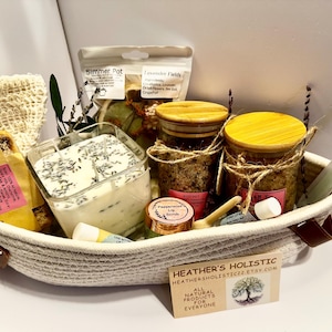 Gift Basket | All-Natural Chamomile bar Soap, Lip Scrub,  Bath Salt, and Sugar Scrub, Lavender Soy Candle & lip balms