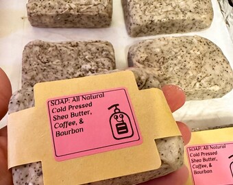 Soap, Shea butter, bourbon, and coffee. Handcrafted 100% all natural.