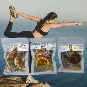 May include: Three white pouches with the text "Simmer Pot" and the names "Zen", "Grounding", and "Tranquil" printed on them. Each pouch contains dried fruit, herbs, and flowers. The pouches are on a blue and brown background.