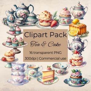 Clipart Tea Party, Akwarele kwiatowe wzory, Vintage junk journal PNG, Vintage Tea Set, Sztuka scrapbookingu, Grafika Tea & Cake, CA002