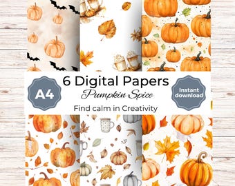 Pumpkin Spice Digital Papers, Watercolor Floral, Fall Scrapbook (Digital Download)
