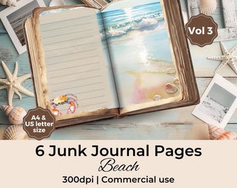Beach Junk Journal-pagina's: kustaquarelpapier (digitale download, A4/US Letter-formaat)