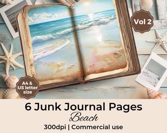 Beach Junk Journal-pagina's: kustaquarel ephemera (digitale download, A4/US Letter-formaat)