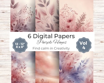 May include: Six digital papers with watercolor floral designs in shades of purple, pink, and gray. The papers are available in 12 x 12 inch and 8 x 8 inch sizes. The text reads "6 Digital Papers Purple Hayes Find calm in Creativity Vol 4."