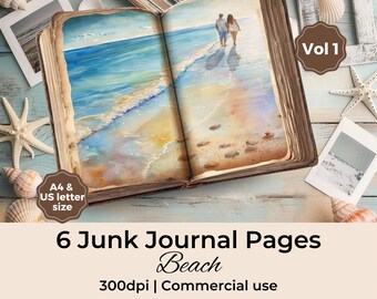 Beach Junk Journal Paper: Vintage Seaside Scrapbook, Coastal Ephemera (Digital Download, PDF & JPG