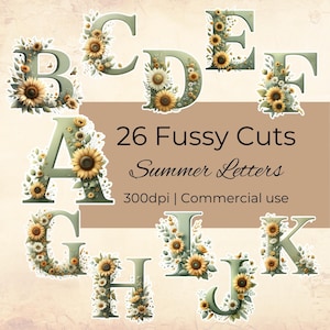 Letras florais com cortes elaborados, recortes elaborados para scrapbooking, itens efêmeros de diário, letras verde-sálvia, alfabeto de girassol, letras de verão, botânico