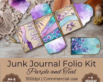 Junk journal folio kit purple teal, printable folio kit, Victorian bird ephemera