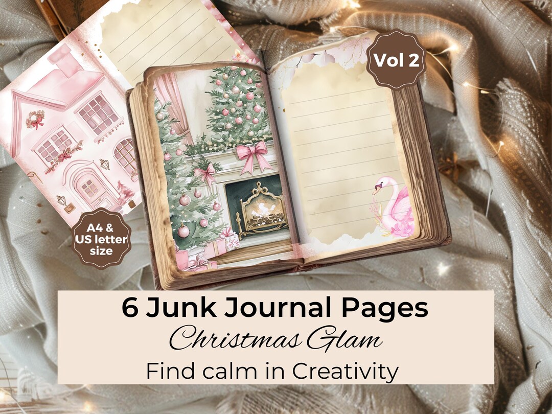 Glam Christmas Junk Journal Pages, Pink Holiday Scrapbook Paper ...