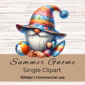 Summer Gnome Clipart PNG | Cute Beach Gnome with Surfboard & Ball | 300dpi High-Quality Digital Download | Commercial Use