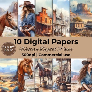 Western Digital Papers, Rustic Cowboy Designs, Printable Scrapbook Papers, Digital Download Collection, Vintage Cowgirl, commercial
