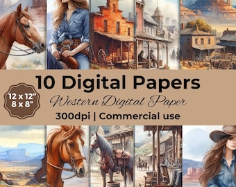 Watercolor Wild West Digital Paper: Cowboy Scrapbook Designs (Digital Download)