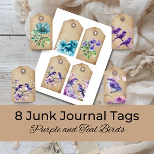 Junk journal tags with birds, teal and purple printable ephemera, bird lover gift tags, DIY digital gift tags