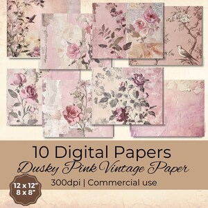 10 Digitaal papier | Oudroze vintage chic | Digitale achtergronden | Ongewenst dagboekpapier | Plakboekpapier | 300 dpi en commercieel gebruik. DP009