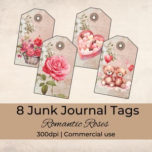 Printable Rose Tags – Romantic Pink Junk Journal Ephemera – Floral Gift Tags for Scrapbooking & Paper Crafts – Vintage Digital Download