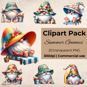 Summer Gnomes clipart, watercolour summer gnomes png, beach holiday gnomes, cute summer gnome png, commercial use