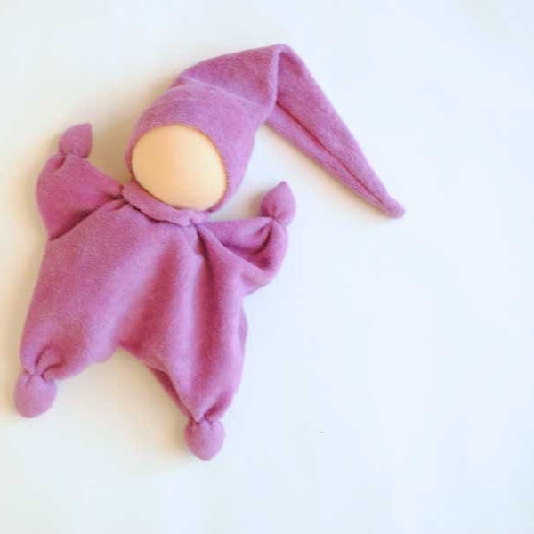 ORGANIC Baby Toy - Teething waldorf doll for baby 0-3 yers for boy toys from purple cotton velour, bell in his hat ready to ship