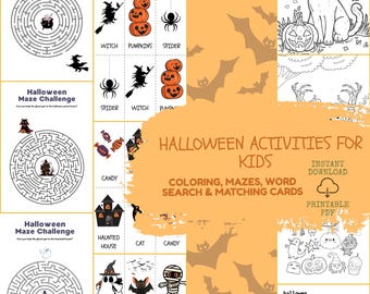Halloween Activity Kit, Coloring Pages, Mazes, Matching Games (Printable PDF)