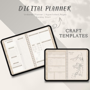 May include: Digital planner with a beige background and a white grid. The planner includes a daily planner, a travel planner, and a world map. The text "DAILY PLANNER", "TRAVEL PLANNER", and "Where did I travel?" is visible on the pages. The text "DIGITAL PLANNER" is at the top of the image with the text "Undated Planner | Hyperlinked Pages Sunday Start" below it. The text "CRAFT TEMPLATES" is at the top right of the image.