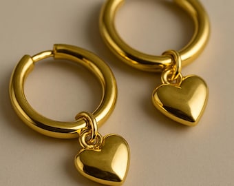 Boucles d'oreilles coeur minimalistes en or 14 carats - Huggie Hoops - Loving Hearts - Boucles d'oreilles couple minimalistes - Boucles d'oreilles coeur minimalistes en argent sterling