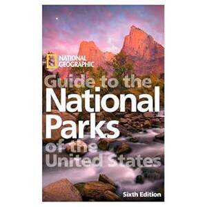 May include: A National Geographic book titled "Guide to the National Parks of the United States." The cover shows a mountain range and river scene. The title text is in white and grey.