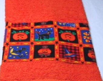 Handmade Halloween Hand Towel Orange Cotton with Pumpkins and Black Cat