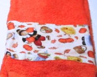 Handmade Thanksgiving Orange Hand Towel with Teddy Bear Pilgrims and  Pumpkins