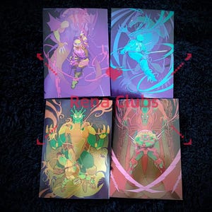 Può includere: Quattro stampe artistiche rettangolari con illustrazioni stilizzate di personaggi delle Tartarughe Ninja in pose dinamiche con vivaci tavolozze di colori viola, blu, verde e rosso, con il testo Rena Clubs sovrapposto in rosso.