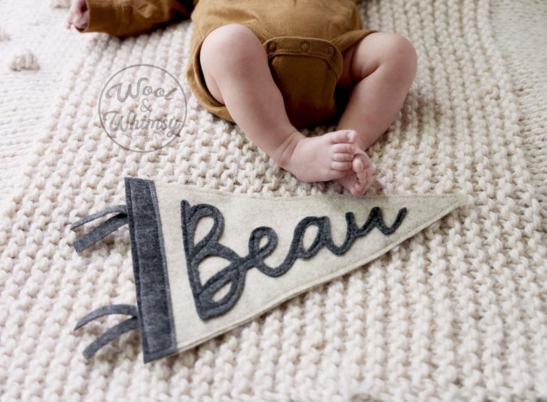 May include: A felt pennant in a light beige color with the name "Beau" in dark gray script. The pennant has a gray border and gray ribbons. The image also shows a baby wearing a brown onesie.