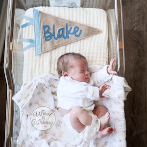 May include: A newborn baby lies in a hospital bassinet, wearing a white onesie and diaper. A felt pennant with the name "Blake" in blue script hangs above the baby. The bassinet is lined with a soft, white blanket and a patterned swaddle.