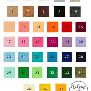 May include: A color chart featuring 37 numbered felt squares in various shades, including white, beige, gray, brown, black, pink, orange, red, purple, blue, green, and yellow. The "Wool & Whimsy" logo is in the bottom right corner.