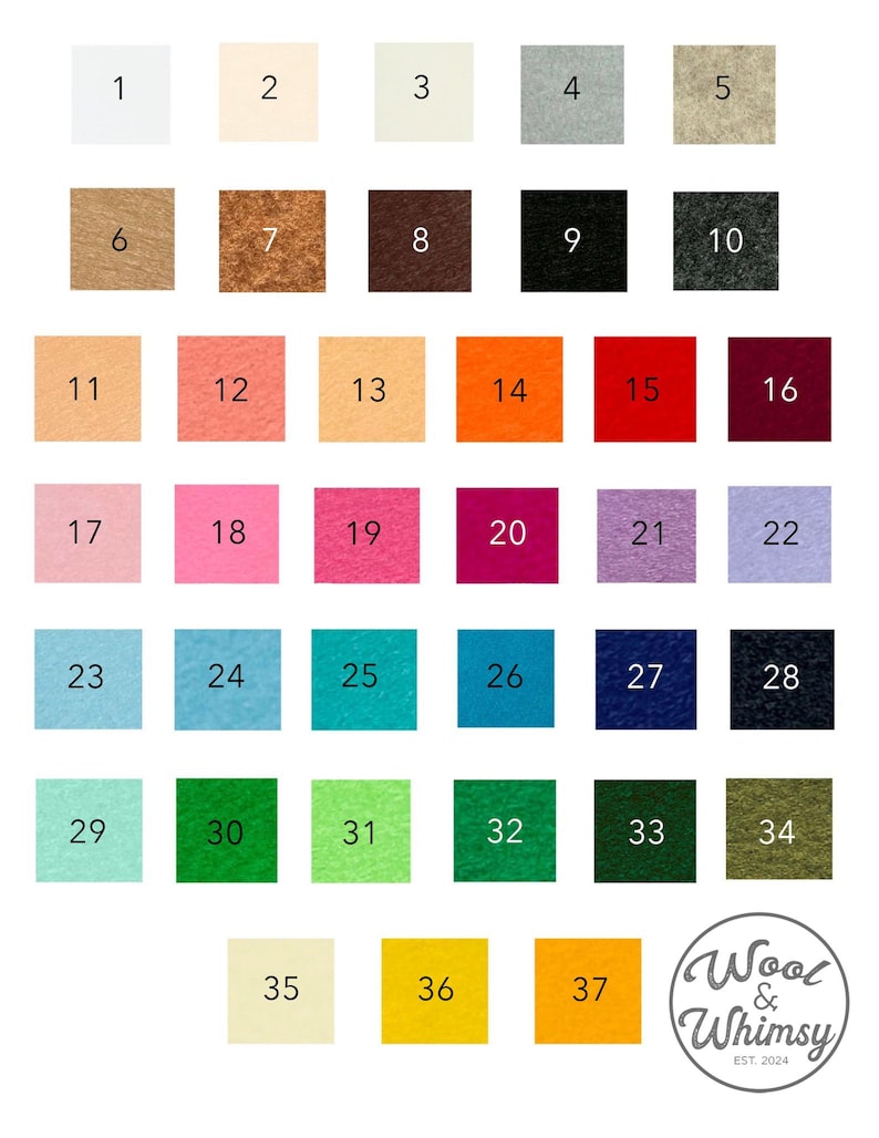 May include: A color chart featuring 37 numbered felt squares in various shades, including white, beige, gray, brown, black, pink, orange, red, purple, blue, green, and yellow. The "Wool & Whimsy" logo is in the bottom right corner.