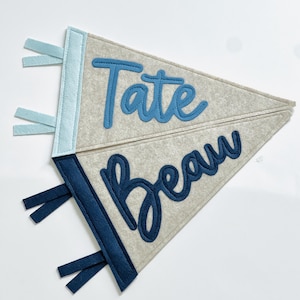 May include: Two gray felt pennants with blue accents. One pennant has the name "Tate" in light blue script, and the other has "Beau" in a darker blue script. Each pennant has a blue border and matching blue ribbons.